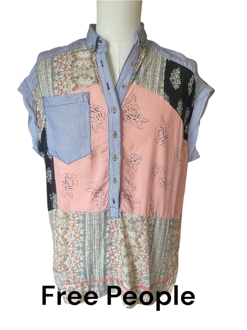 Free People Patchwork Button Up Top Boho Floral Mixed Print Women’s Size Small